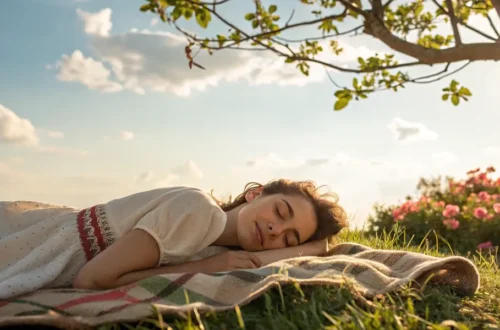 Spící mladá žena venku na sluníčku pod stromem v blízkosti květin