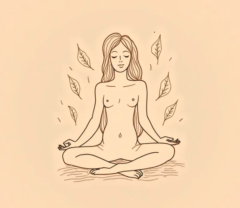 Ilustrace štíhlá hladovějící mladá žena v tureckém sedu, má menší prsa