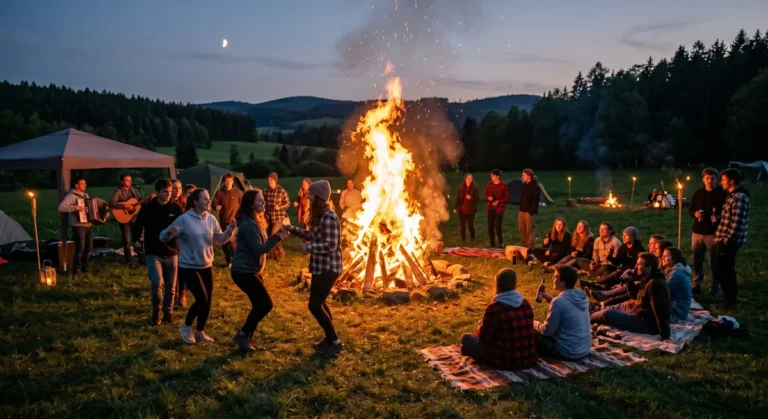 Pálení čarodějnic skupina mladých lidí okolo ohně se raduje