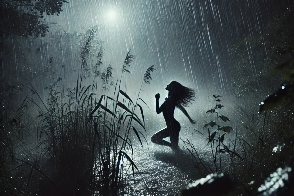 Temná deštivá noc, tančící ženské tělo, v přírodě