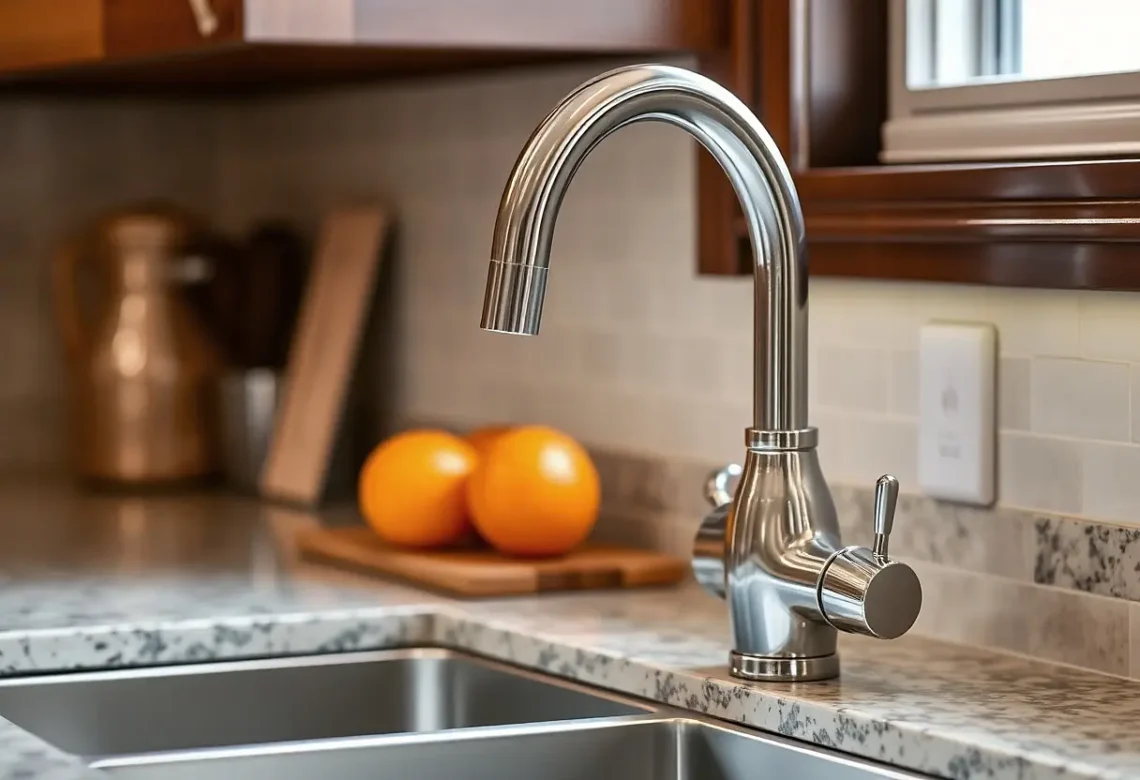 Kohoutek v pěkné kuchyni bez vody s pomeranči v pozad