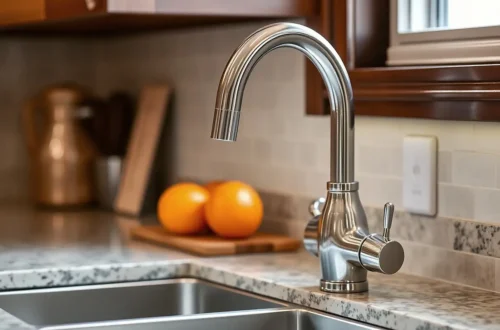 Kohoutek v pěkné kuchyni bez vody s pomeranči v pozad