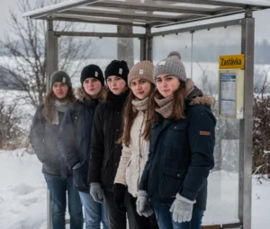 Skupina podobných hnědovlasých dívek s výrazným obočím, v bundách čepicích a rukavicích, třesoucí se zimou na zastávce, v okolí je zima sníh a mráz