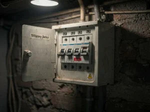 Třífázový jistič ve sklepě páčky dole lampa na něj svítí