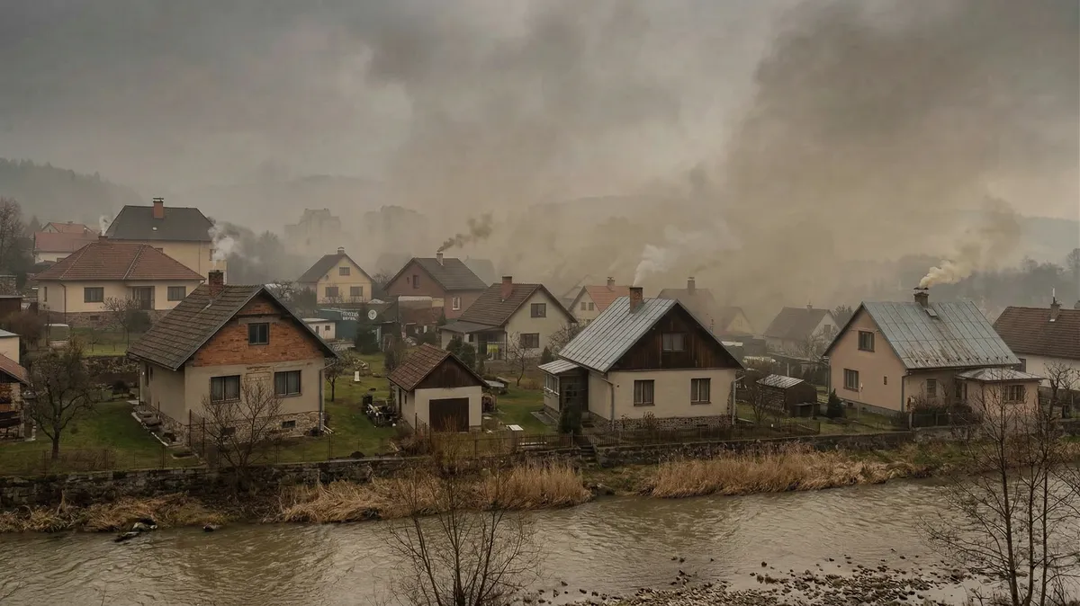 Jarní smog 2026, vesnicí zamořenou smogem protéká řeka